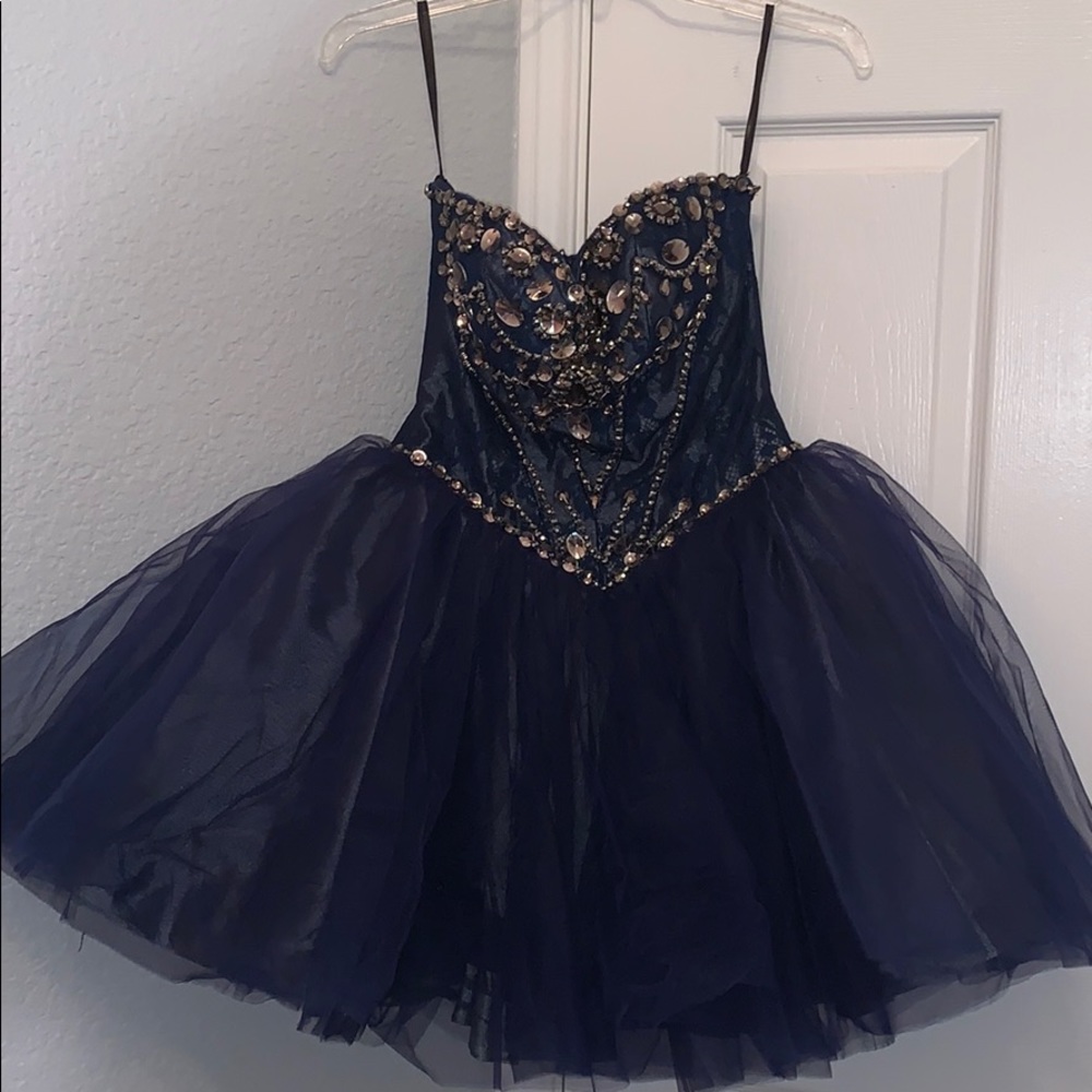 Sherri Hill Navy Embellished Strapless Mini Gown